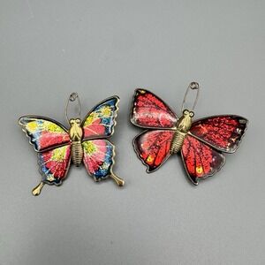 Vintage Gold-Tone Butterfly Enamel Brooch Pin Set‎ Multicolor 1.5" Red/yellow